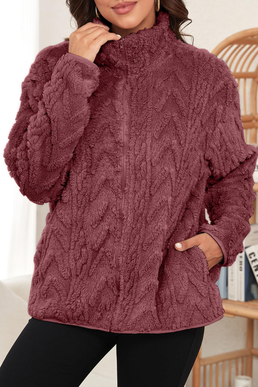 Fuzzy Zip Up Long Sleeve Jacket