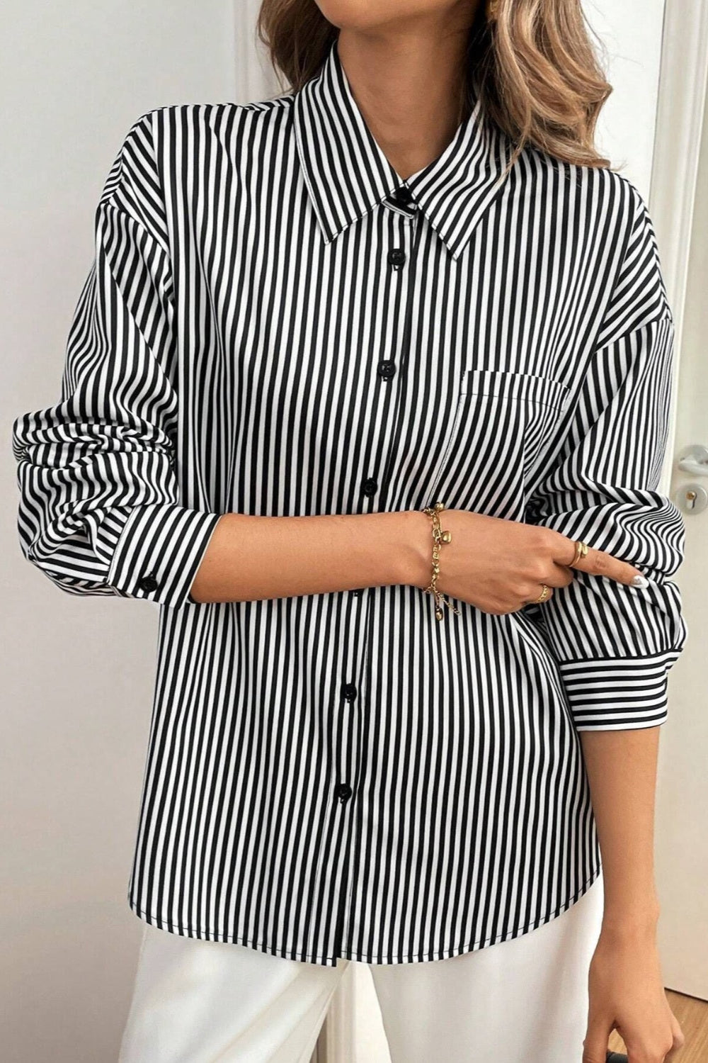 Cutout Bow Back Striped Collared Neck Long Sleeve Shirt