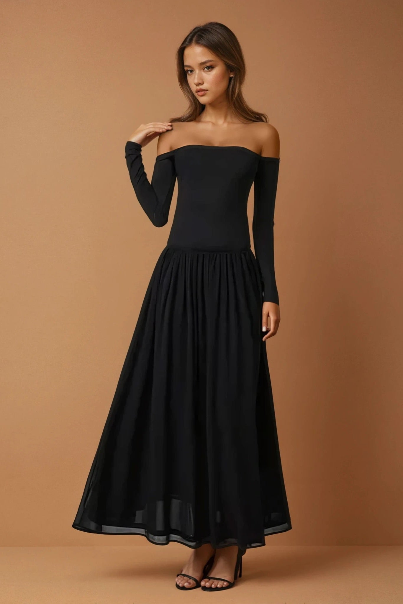 Off Shoulder Long Sleeve Maxi Dress