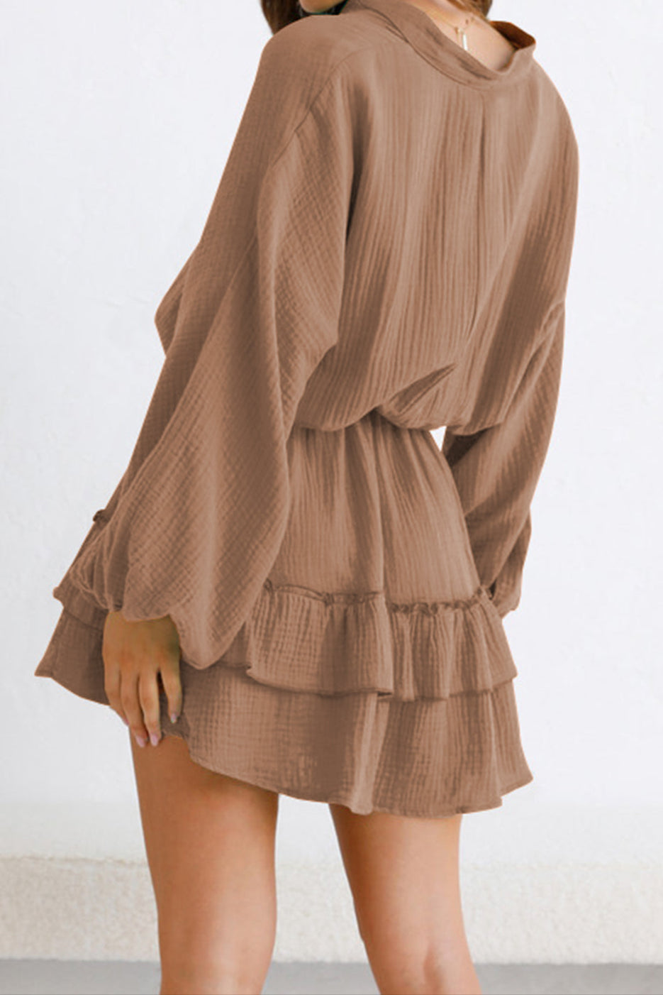 Ruffled Notched Balloon Sleeve Mini Dress