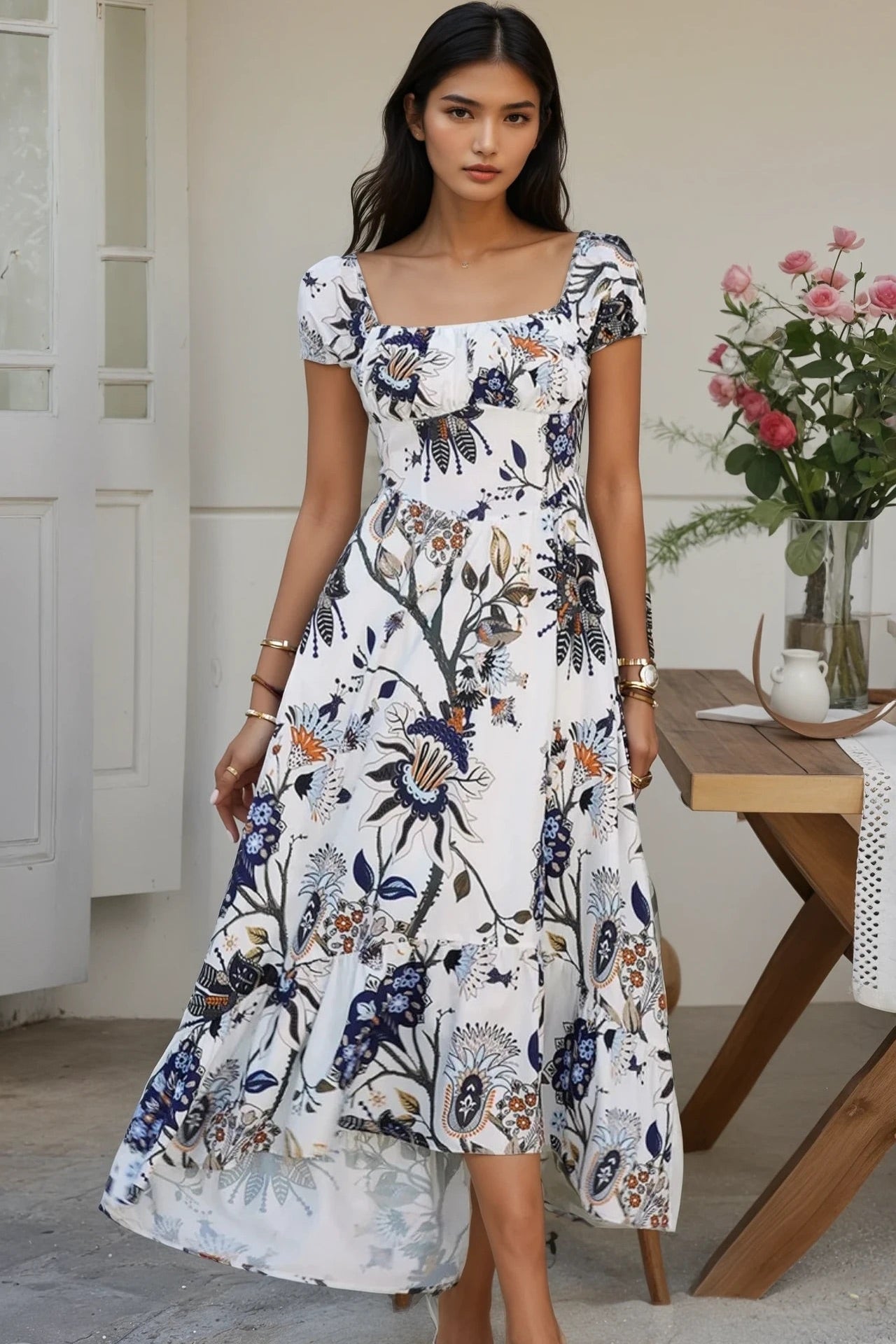 Smocked Printed Short Sleeve Maxi Dress