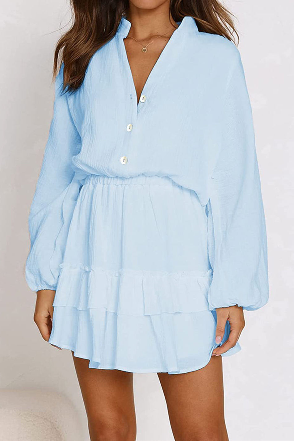 Ruffled Notched Balloon Sleeve Mini Dress