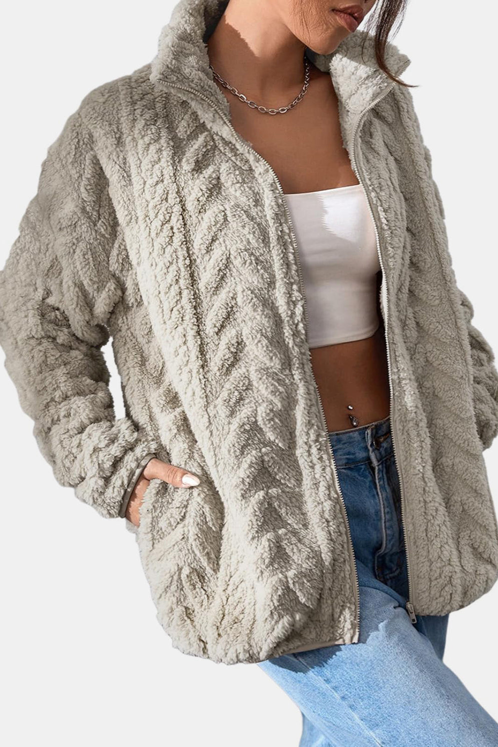 Fuzzy Zip Up Long Sleeve Jacket