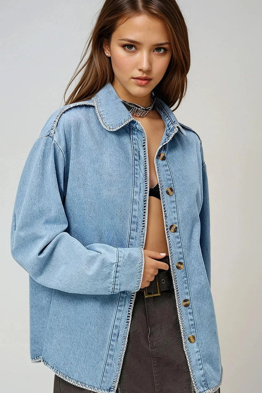 Button Up Collared Neck Denim Top