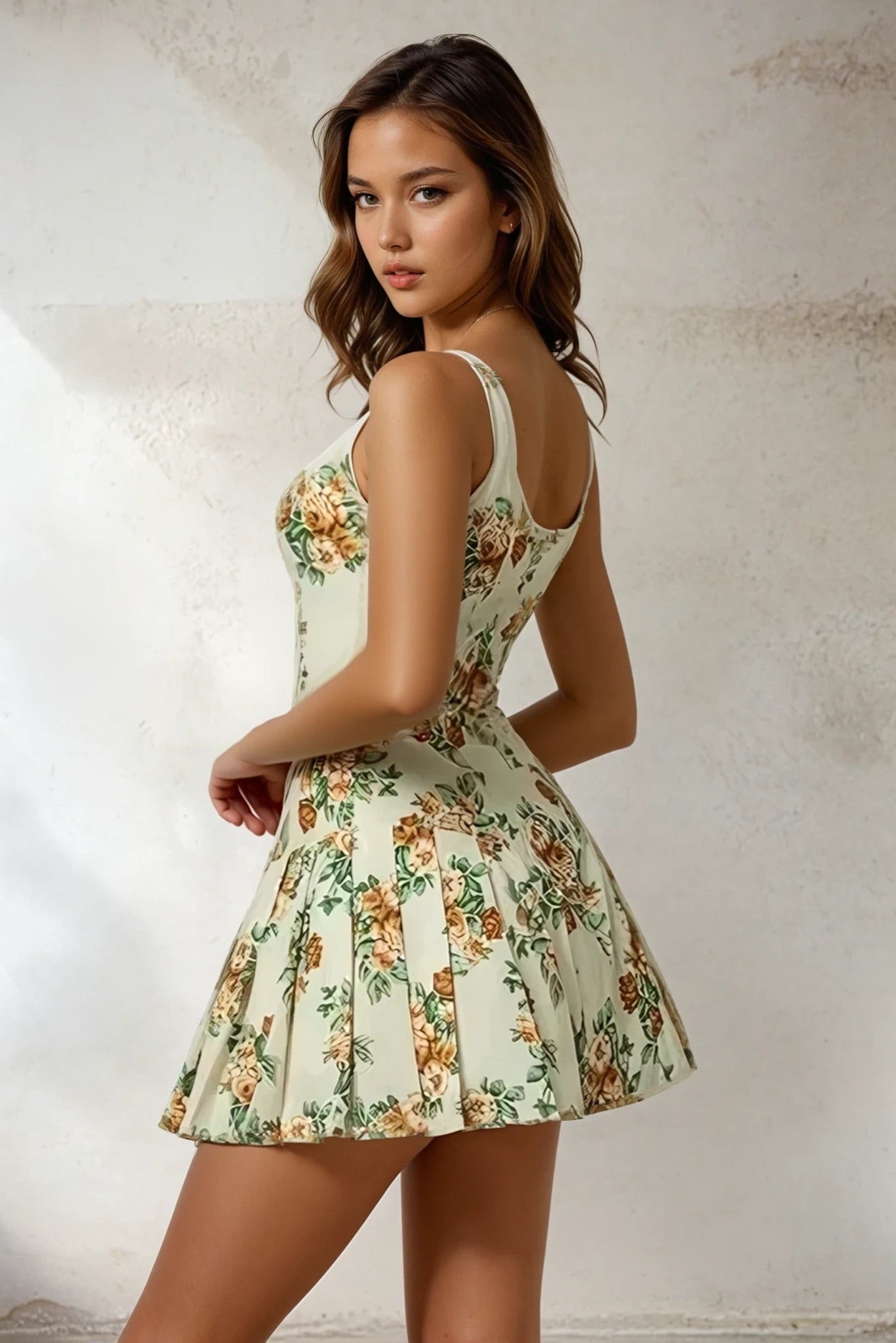 Floral Sleeveless Mini Pleated Dress