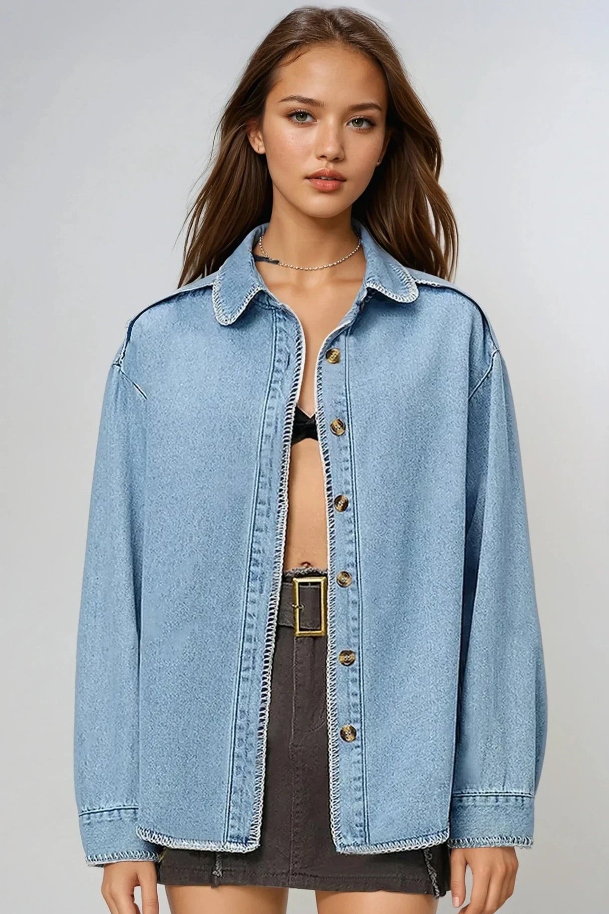 Button Up Collared Neck Denim Top