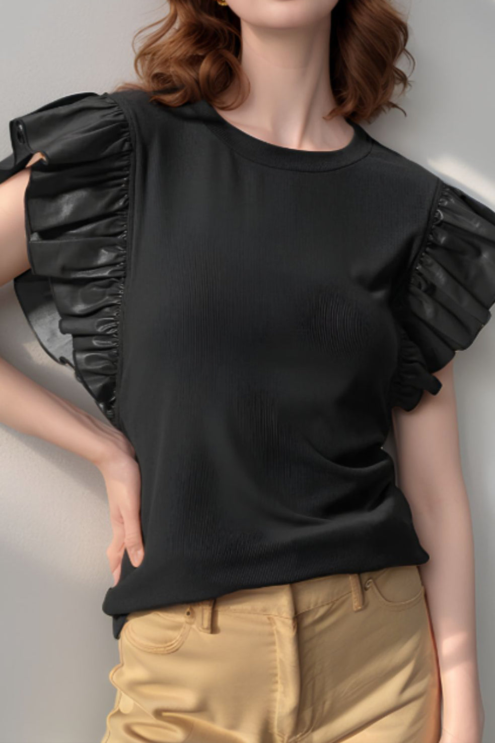 Ruffled Round Neck Cap Sleeve Blouse