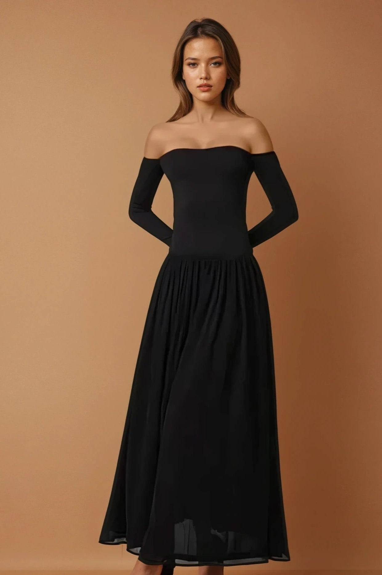 Off Shoulder Long Sleeve Maxi Dress