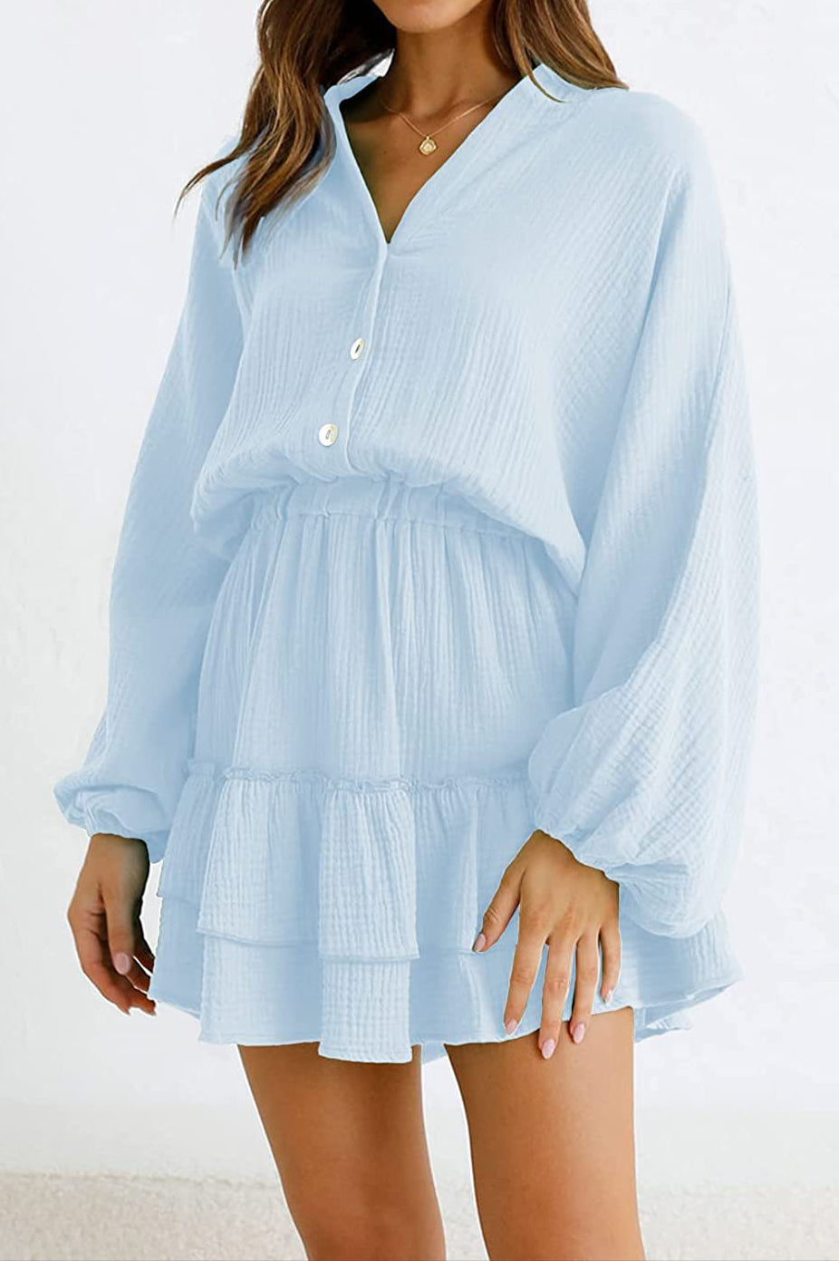 Ruffled Notched Balloon Sleeve Mini Dress