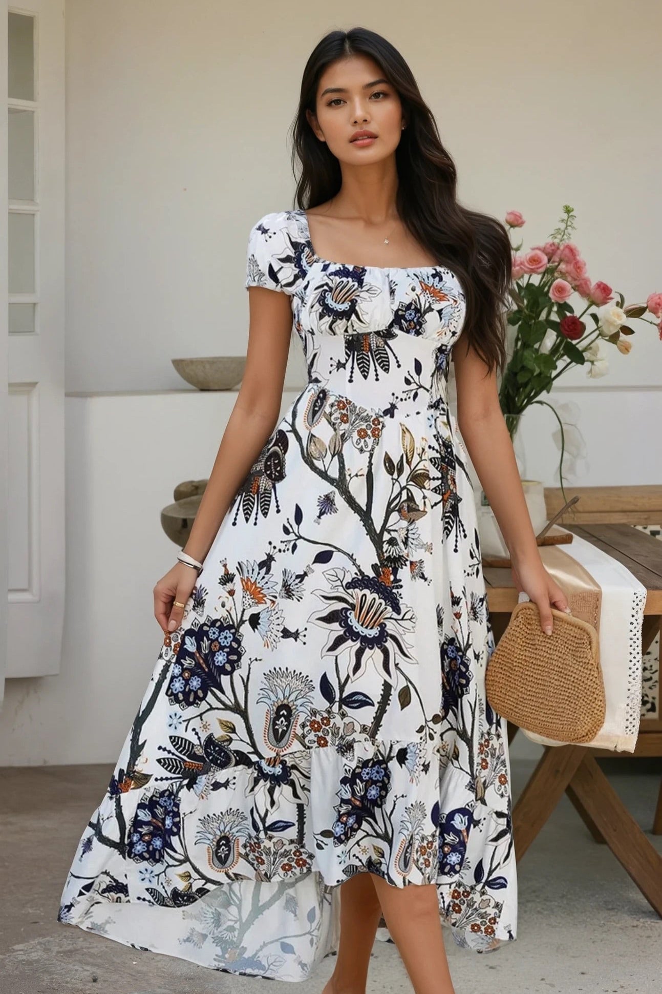 Smocked Printed Short Sleeve Maxi Dress