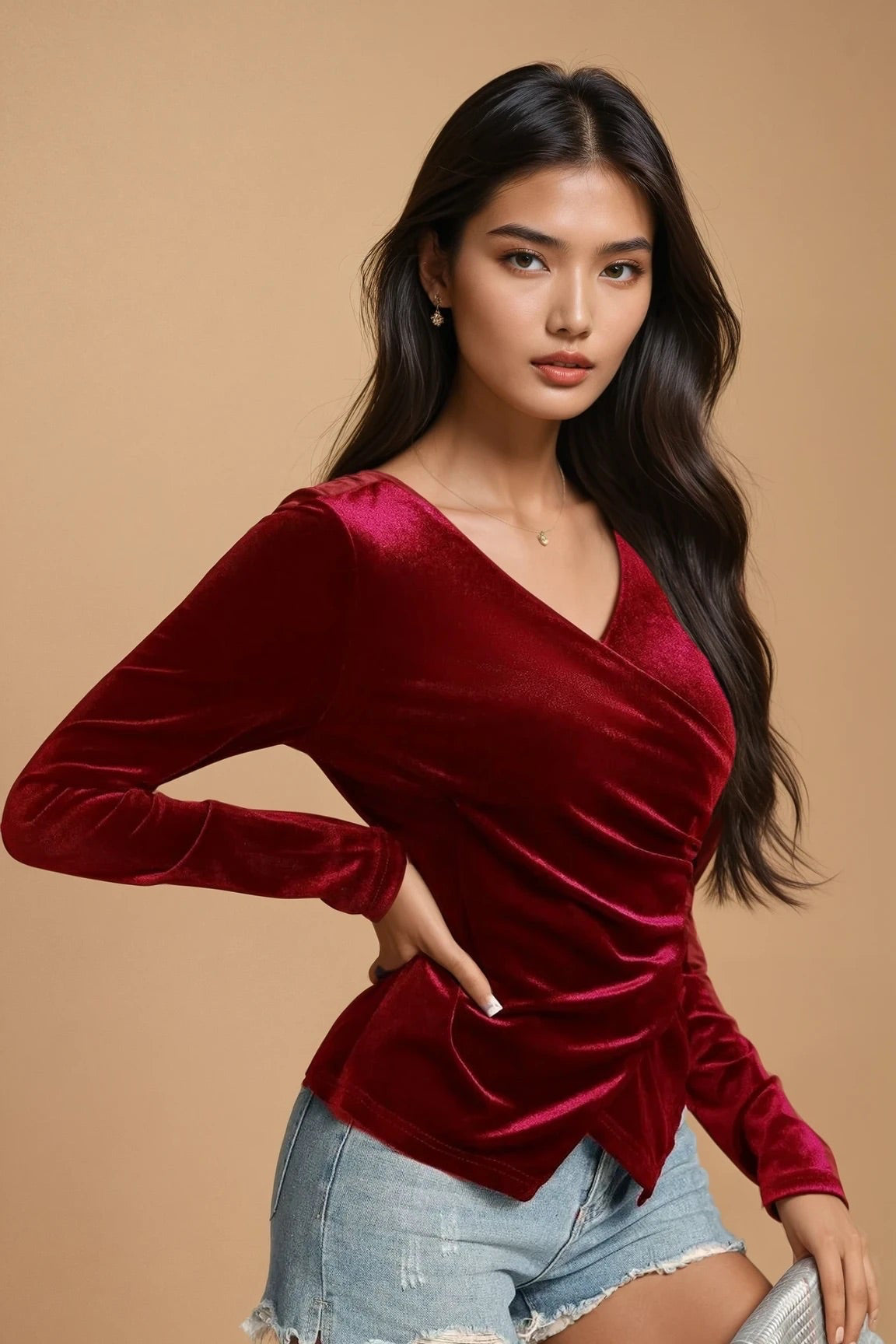 Ruched Surplice Long Sleeve Top