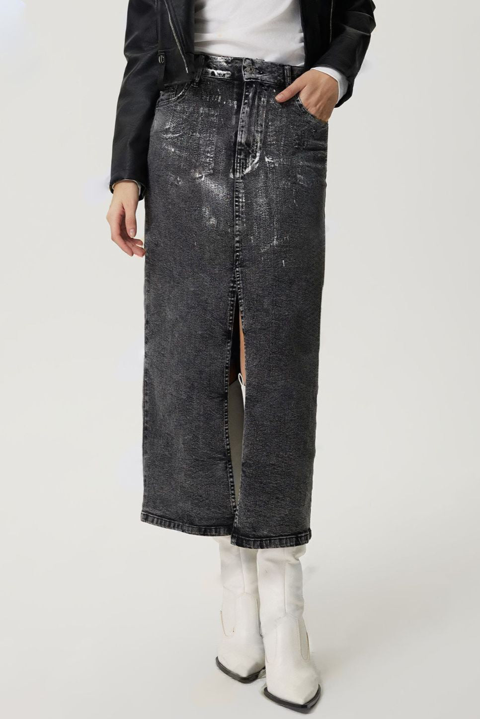 Slit Midi Denim Skirt with Pockets