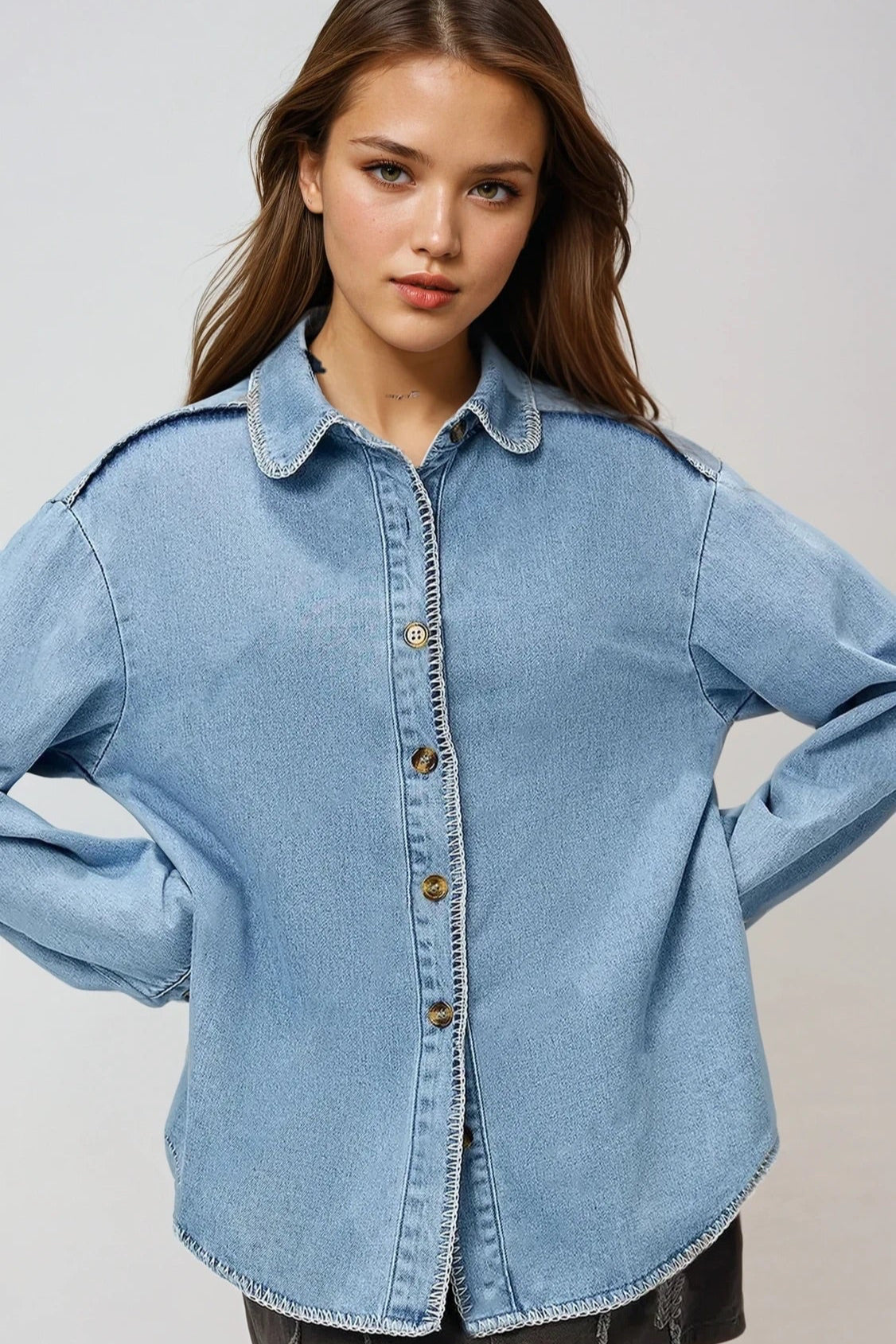 Button Up Collared Neck Denim Top