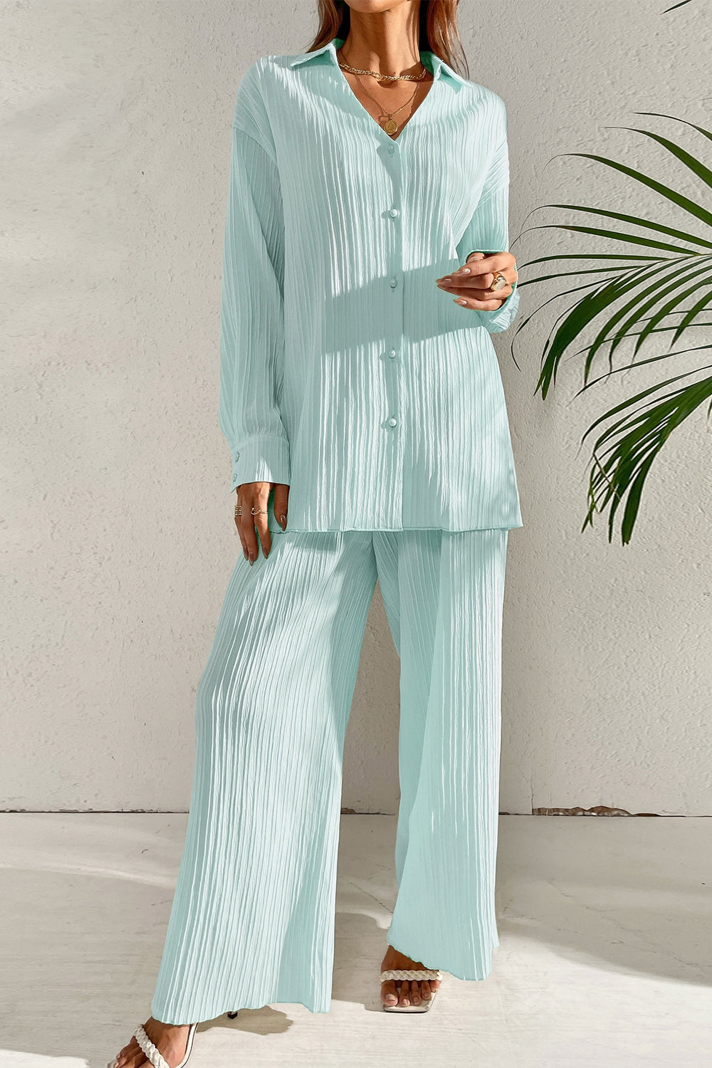 Johnny Collar Button Down Top and Pants Set