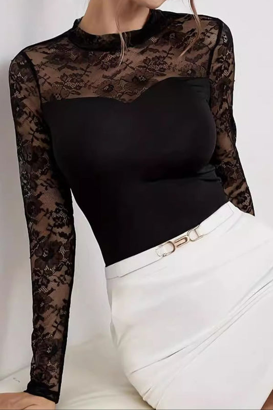 Lace Patchwork Mock Neck Long Sleeve Blouse