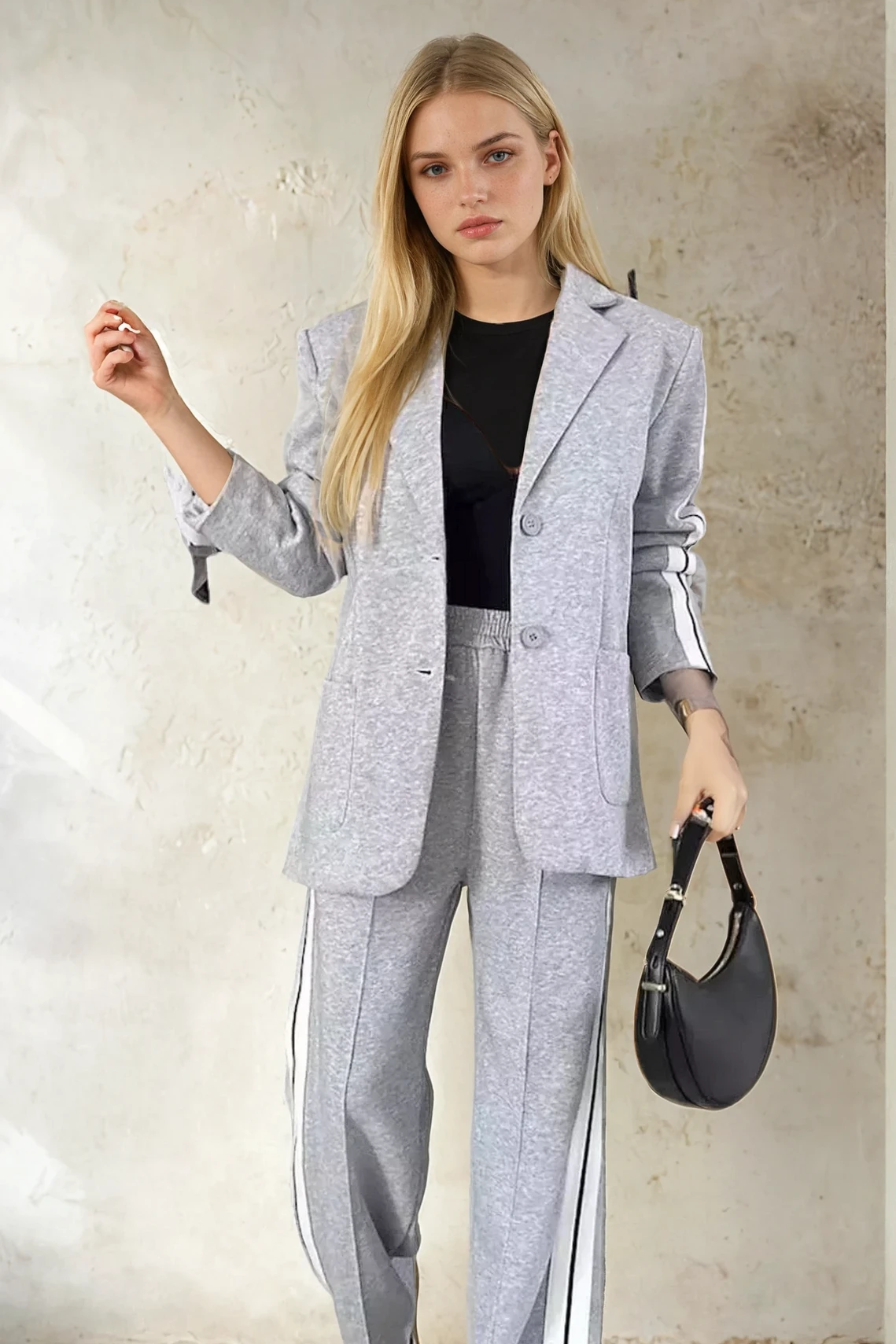 Contrast Lapel Collar Top and Pants Set