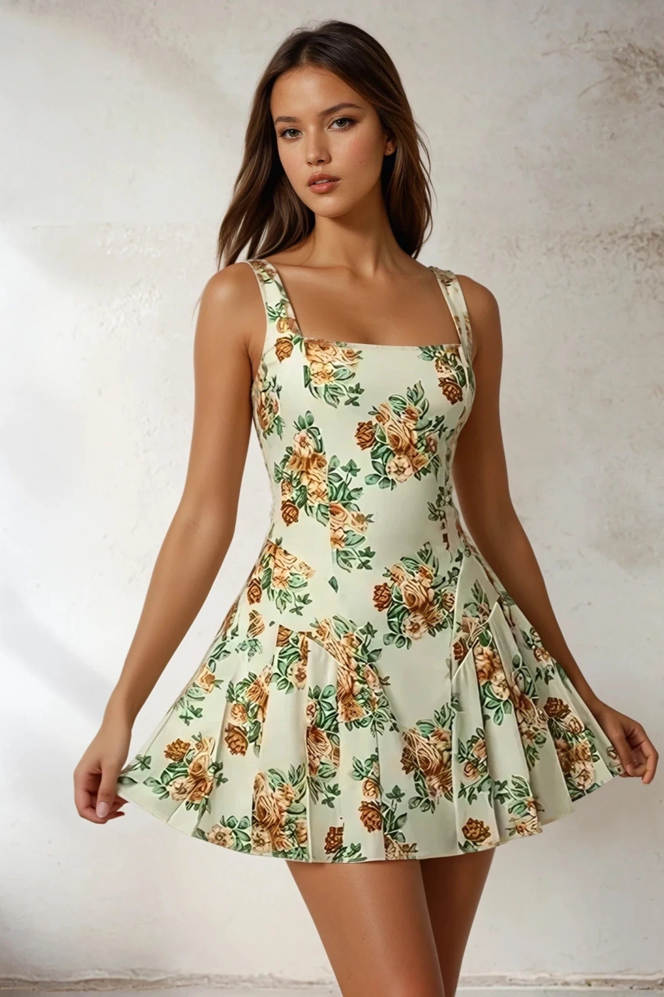 Floral Sleeveless Mini Pleated Dress