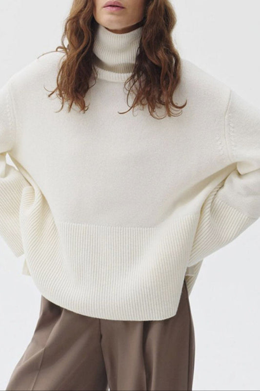 Side Slit Turtleneck Drop Shoulder Sweater