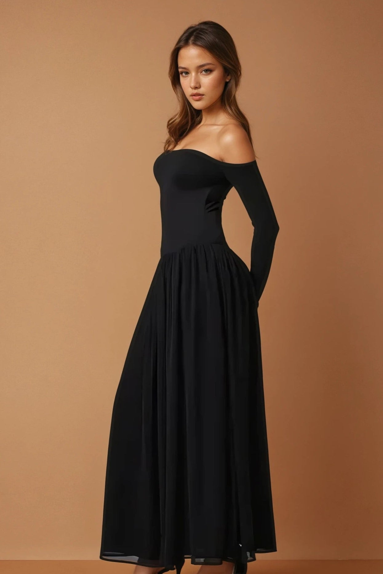 Off Shoulder Long Sleeve Maxi Dress