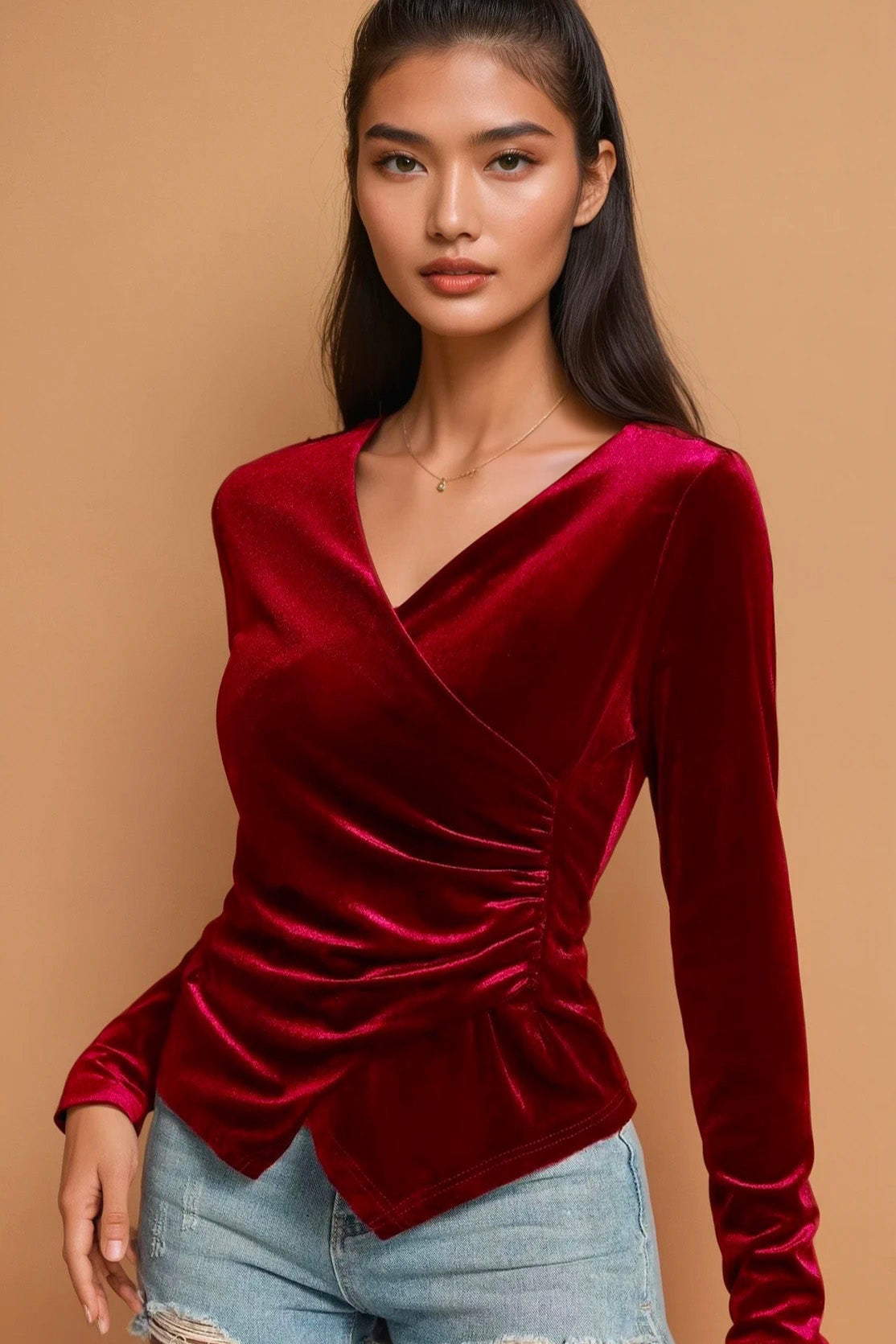 Ruched Surplice Long Sleeve Top