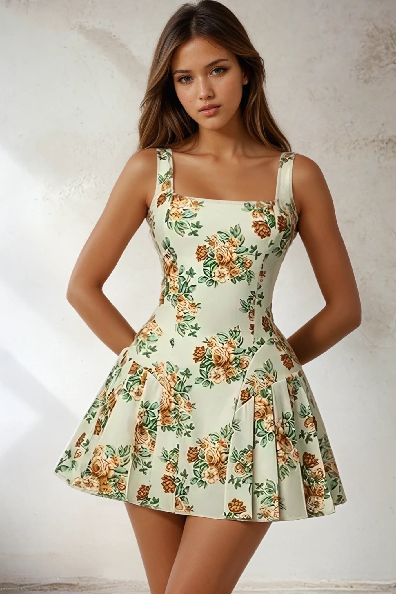 Floral Sleeveless Mini Pleated Dress