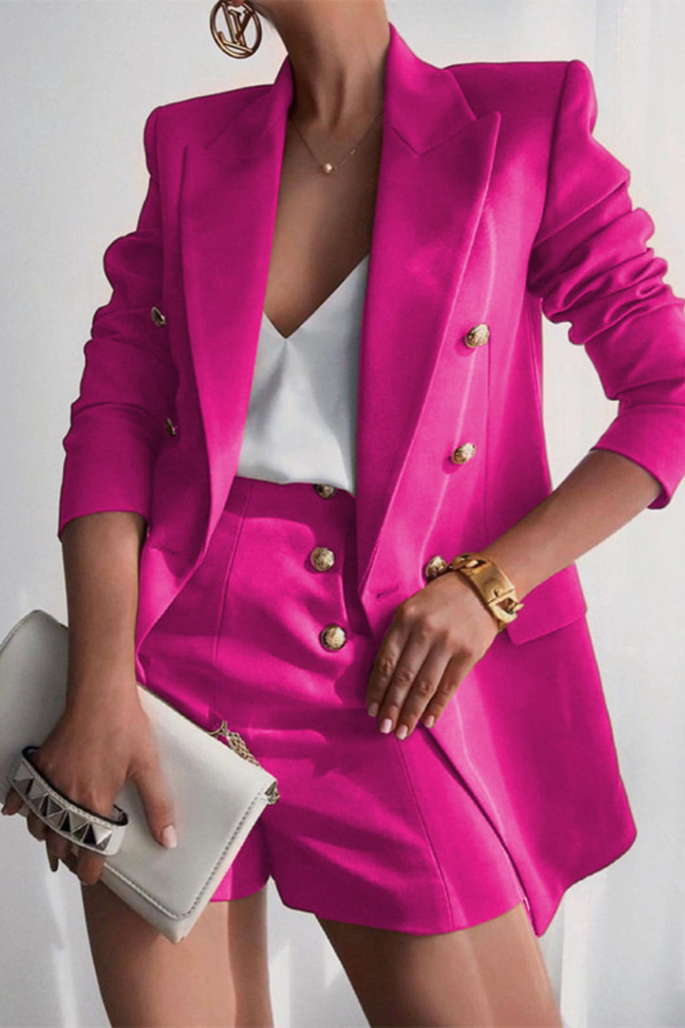 Lapel Collar Long Sleeve Blazer and Shorts Set