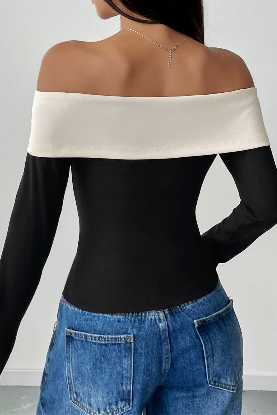 Perfee Bow Contrast Off-Shoulder Long Sleeve Top