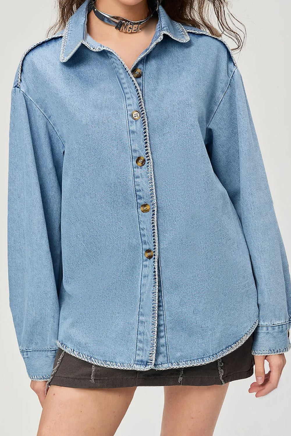 Button Up Collared Neck Denim Top