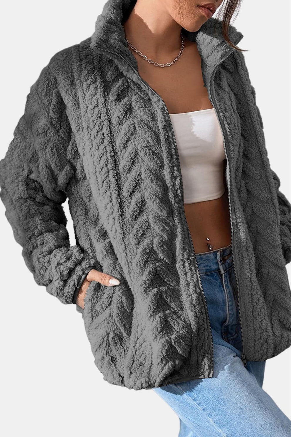 Fuzzy Zip Up Long Sleeve Jacket