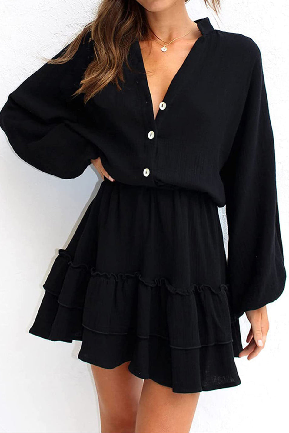 Ruffled Notched Balloon Sleeve Mini Dress