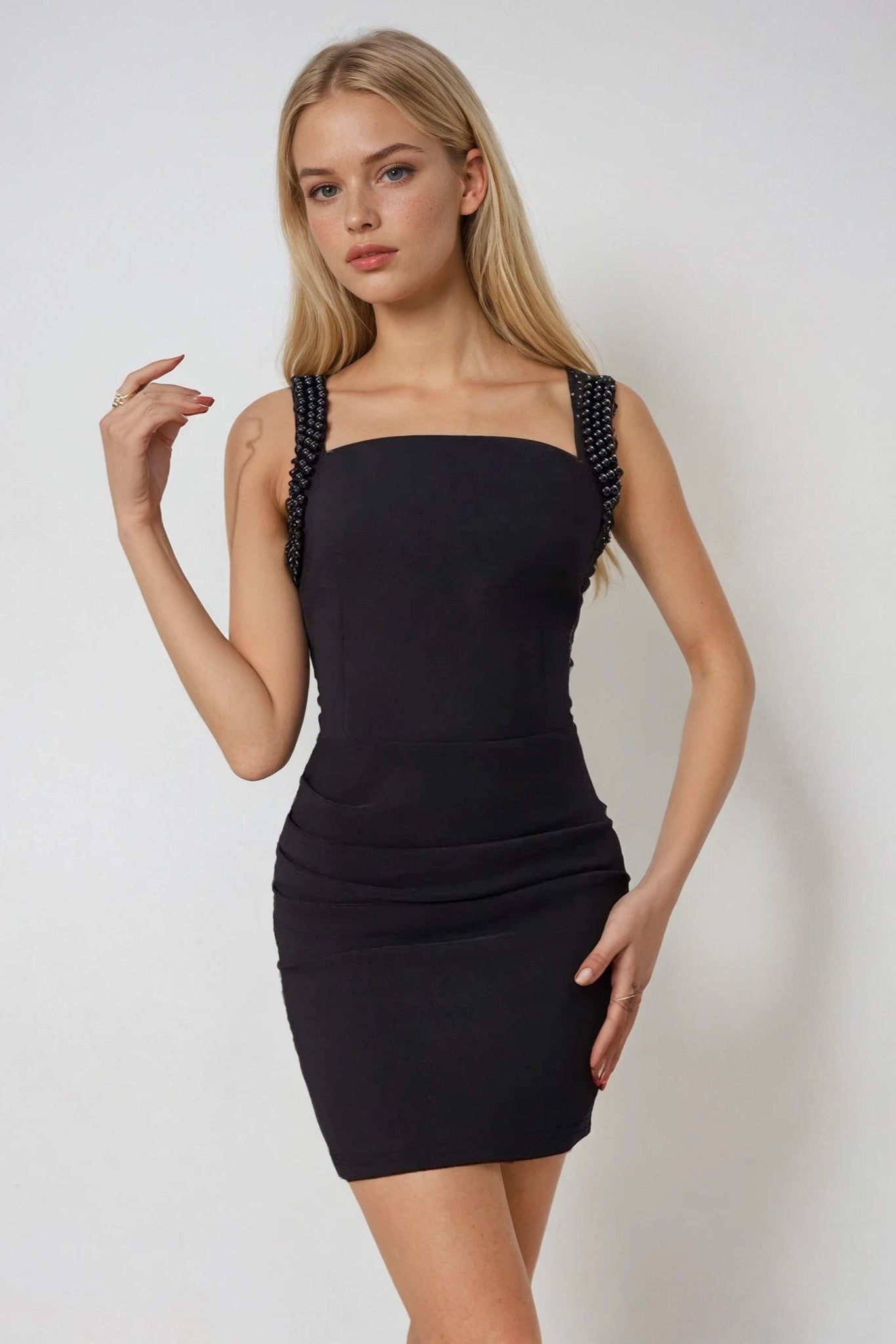 Bead Trim Wide Strap Wrap Dress