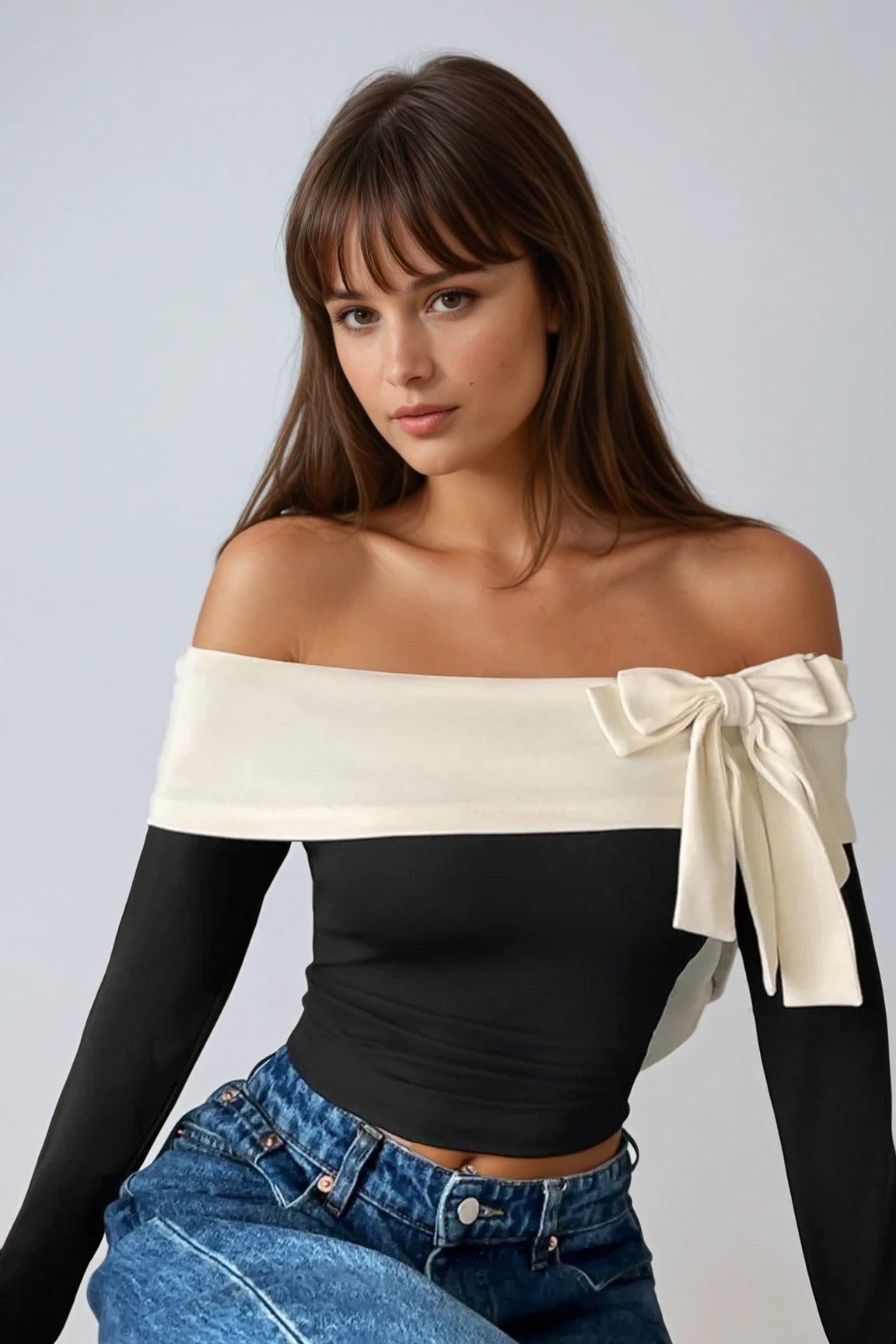 Perfee Bow Contrast Off-Shoulder Long Sleeve Top