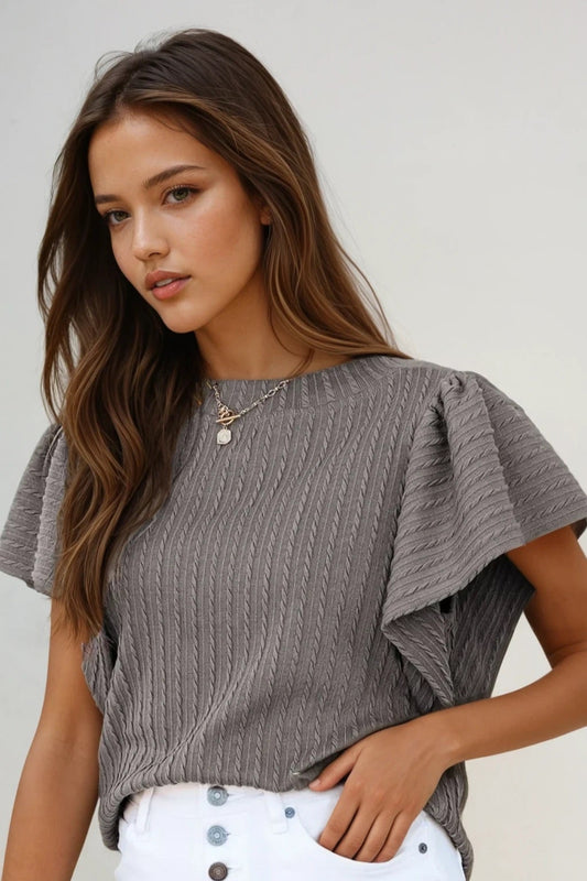 Textured Round Neck Flounce Sleeve Blouse