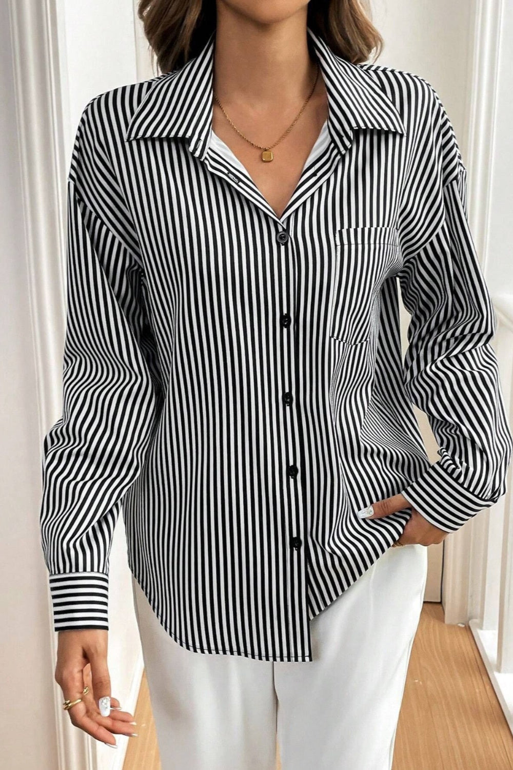 Cutout Bow Back Striped Collared Neck Long Sleeve Shirt