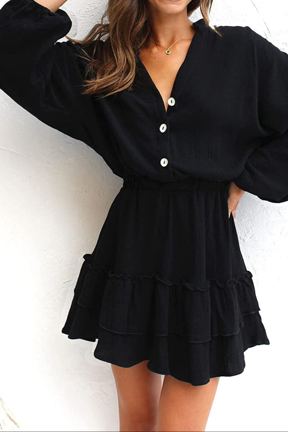 Ruffled Notched Balloon Sleeve Mini Dress