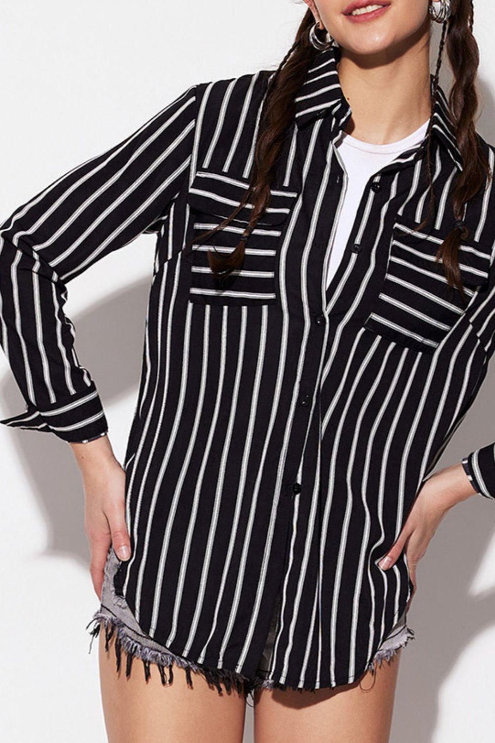 Striped Collared Neck Long Sleeve Shirt