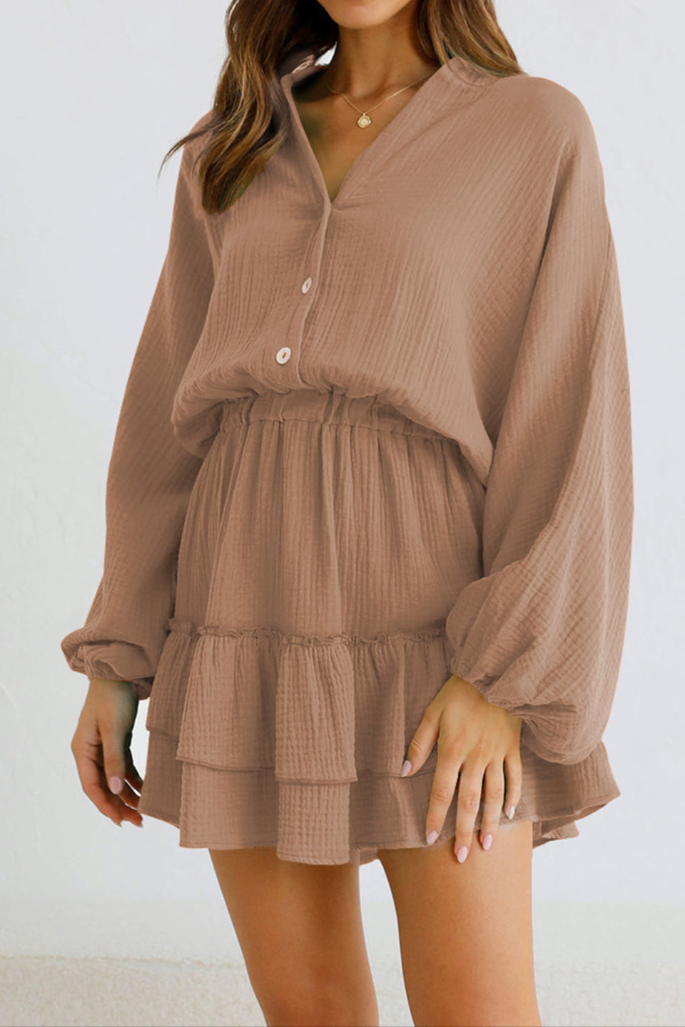 Ruffled Notched Balloon Sleeve Mini Dress