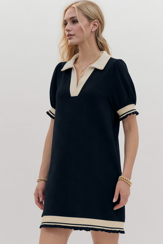 Contrast Trim Johnny Collar Short Sleeve Mini Dress