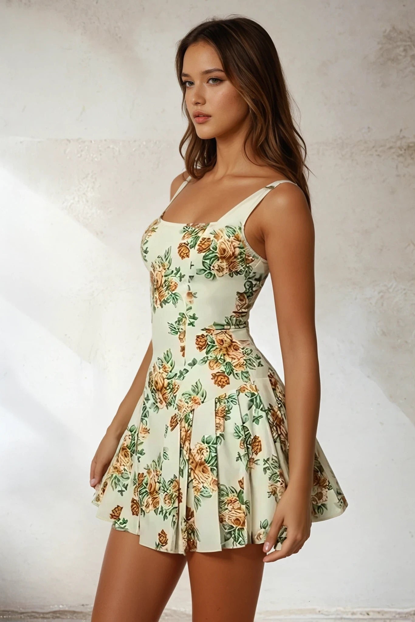 Floral Sleeveless Mini Pleated Dress