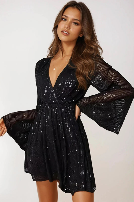 Sequin Surplice Long Sleeve Dress