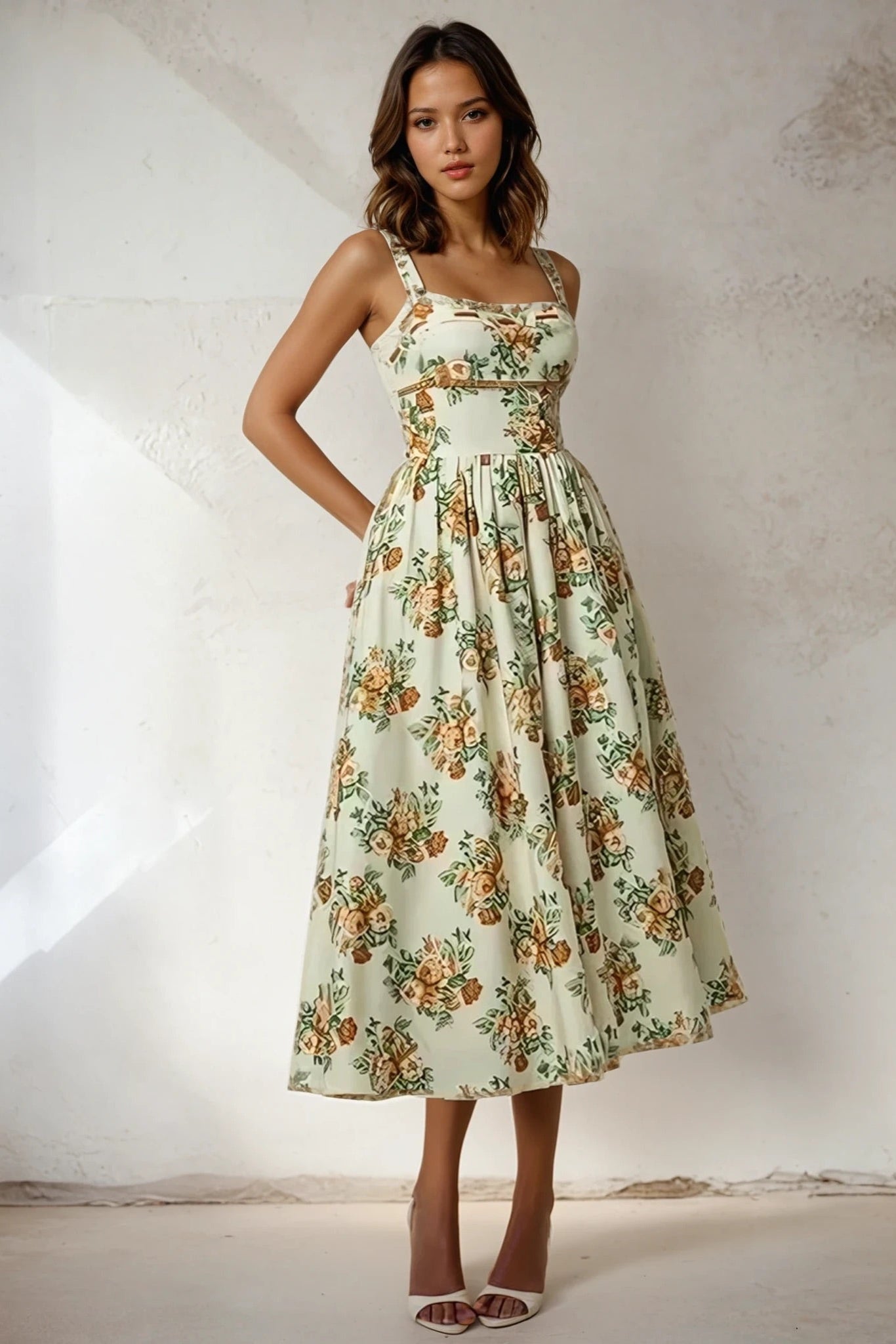 Lace Trim Floral Sleeveless Midi Dress