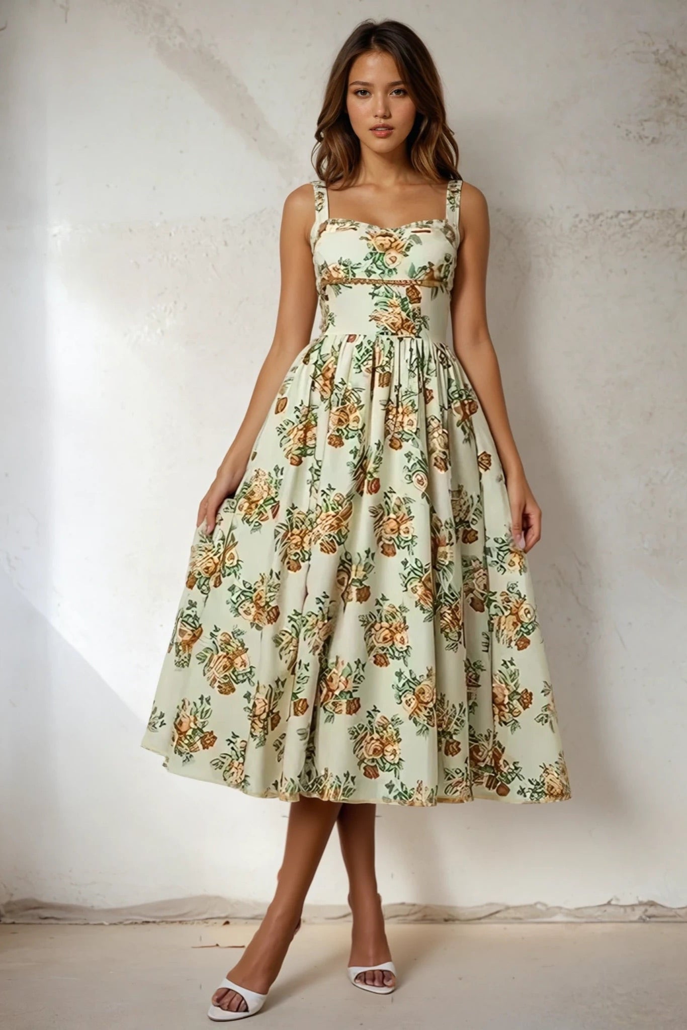 Lace Trim Floral Sleeveless Midi Dress