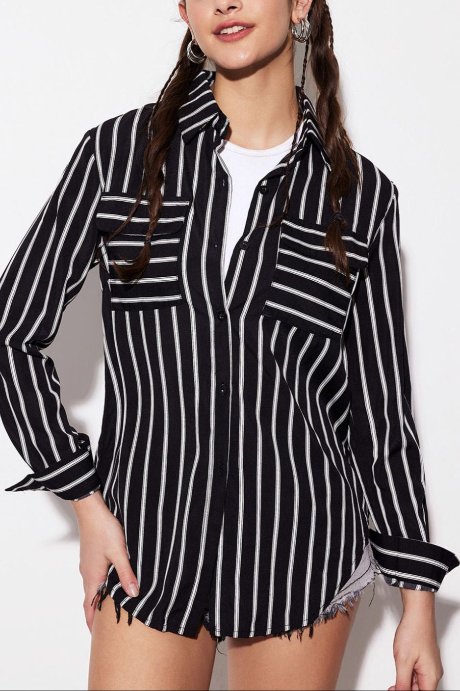 Striped Collared Neck Long Sleeve Shirt