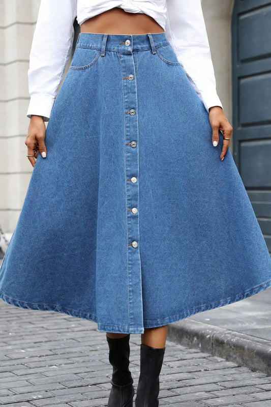 Buttoned Midi Denim Skirt with Pockets