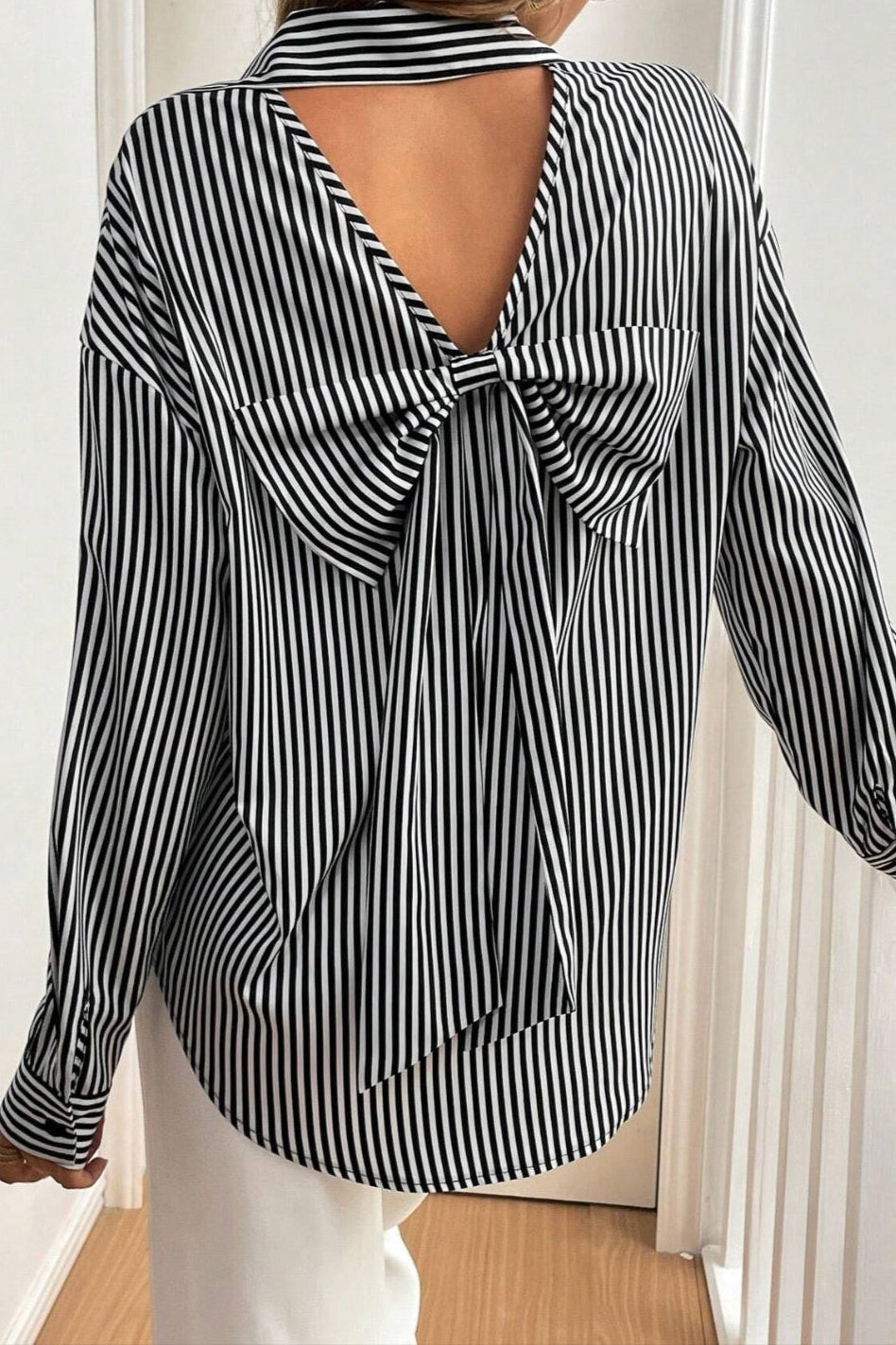 Cutout Bow Back Striped Collared Neck Long Sleeve Shirt