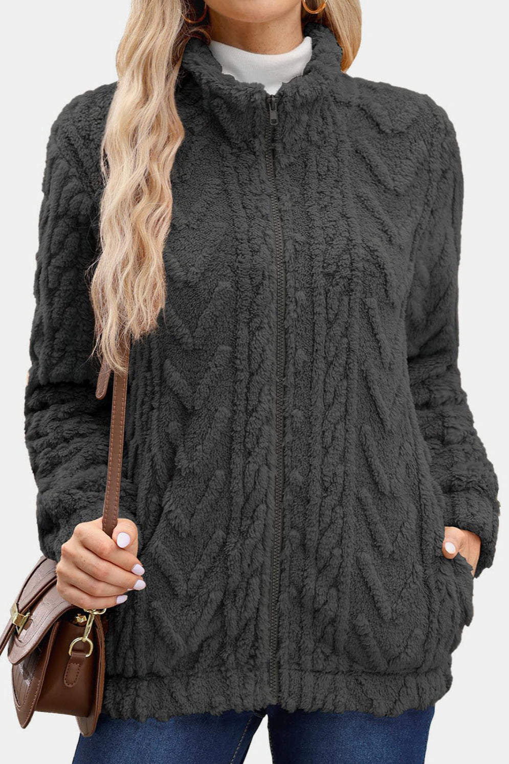 Fuzzy Zip Up Long Sleeve Jacket