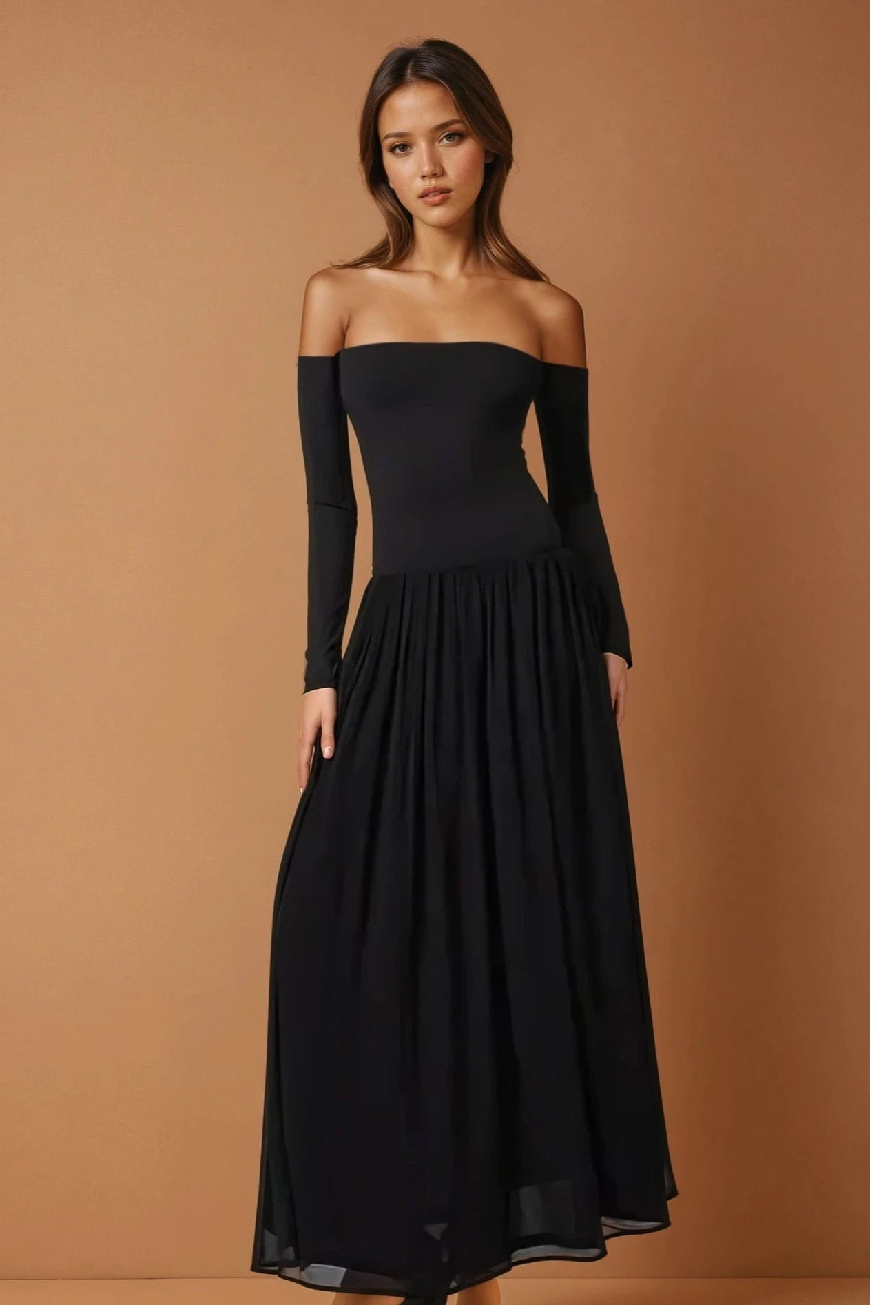 Off Shoulder Long Sleeve Maxi Dress