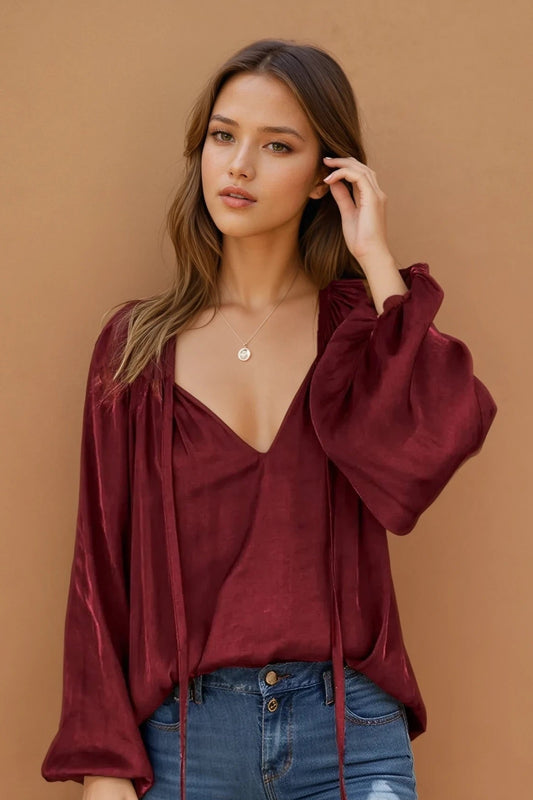 Ruched Tie Neck Balloon Sleeve Blouse